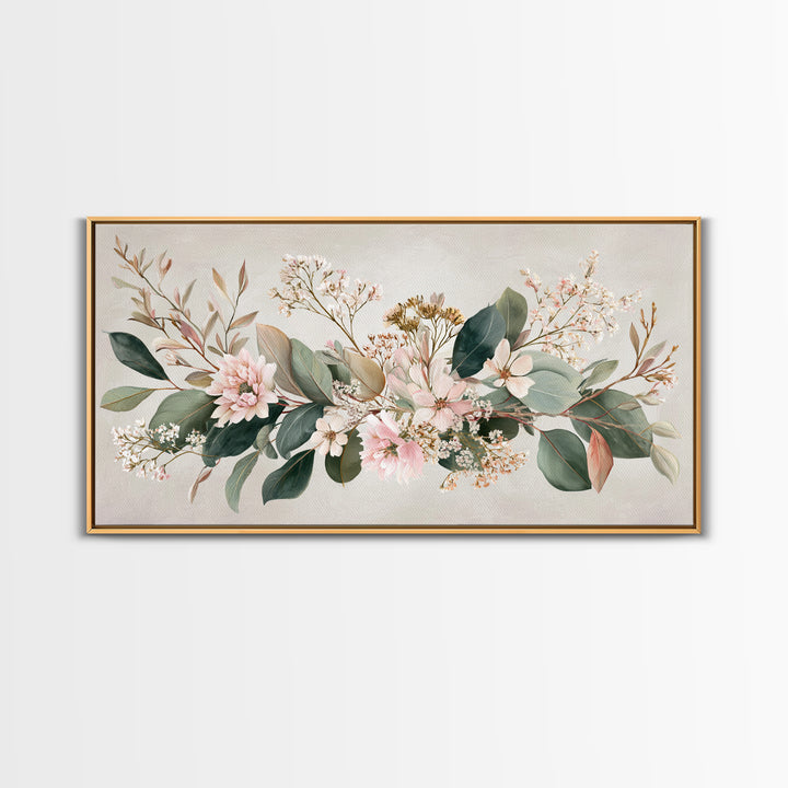 Soft Pink Floral Greenery Canvas Print, Eucalyptus Botanical Wall Decor, Neutral Living Room Art, Modern Farmhouse Decor