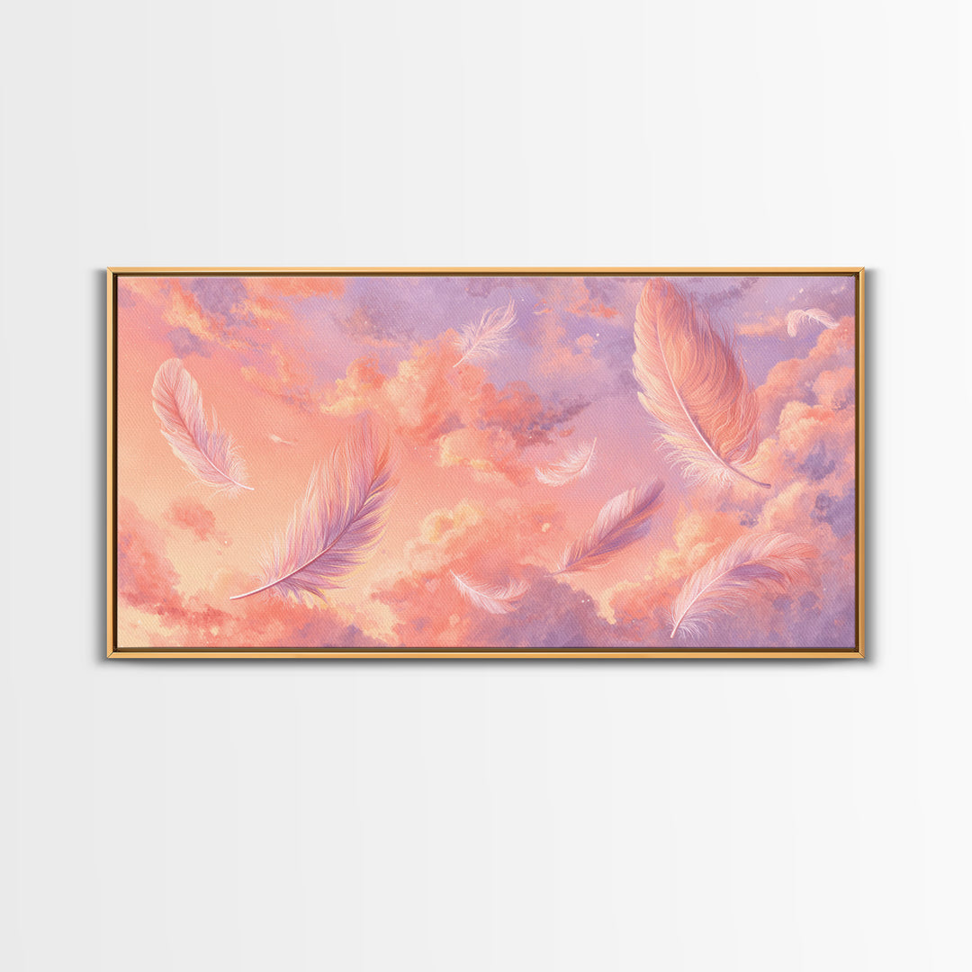 Pink Feather Sky Canvas Print, Dreamy Pastel Cloud Art, Celestial Nursery Decor, Whimsical Bedroom Wall Decor Gift For Her