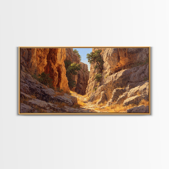 Rustic Canyon Landscape Oil Painting Bright Earth Tone Wall Art Framed Canvas Print Ideal For Living Room Decor Nature Lovers Gift