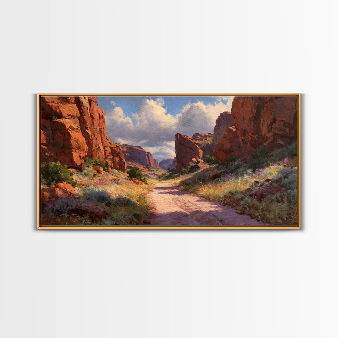Sunlit Rocky Canyon Landscape With Wildflowers Scenic Wall Art Framed Canvas Print For Rustic Home Decor And Nature Lovers