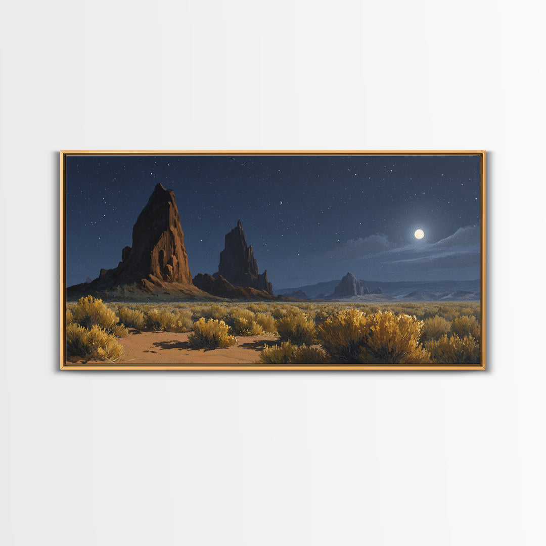 Moonlit Desert Landscape With Majestic Rock Formations And Starry Sky Original Oil Painting Wall Art Canvas Print