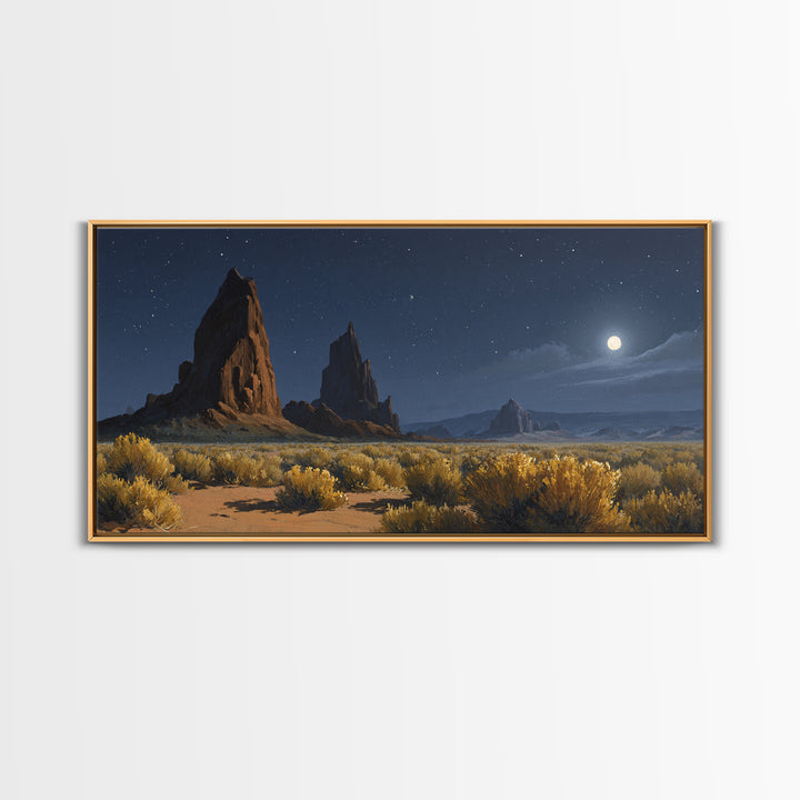 Moonlit Desert Landscape With Majestic Rock Formations And Starry Sky Original Oil Painting Wall Art Canvas Print