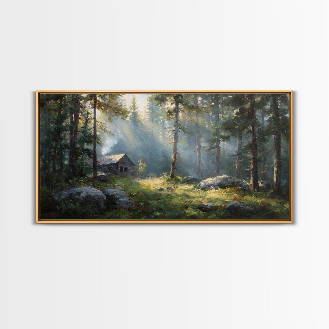 Beautiful Forest Cabin With Sunlight Streaming Through Trees Oil Painting Canvas Print Wall Art