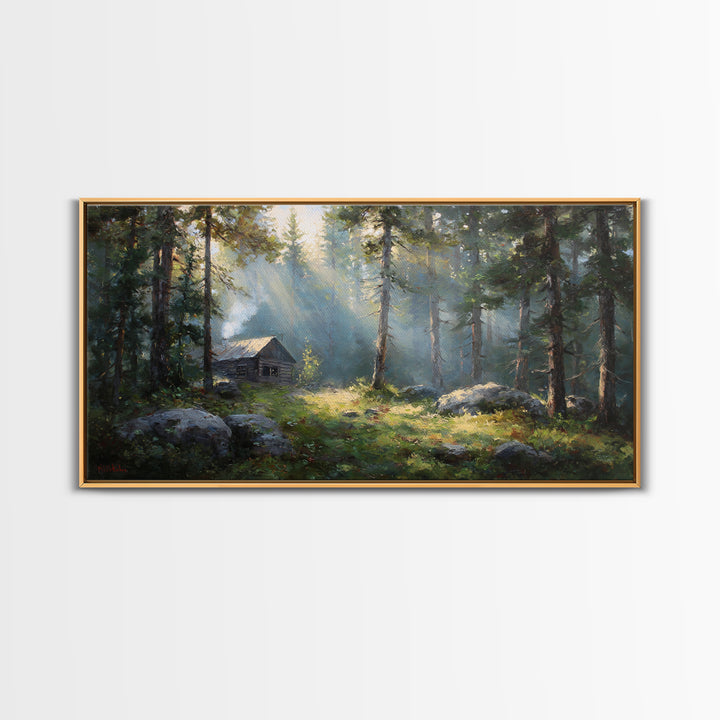 Beautiful Forest Cabin With Sunlight Streaming Through Trees Oil Painting Canvas Print Wall Art