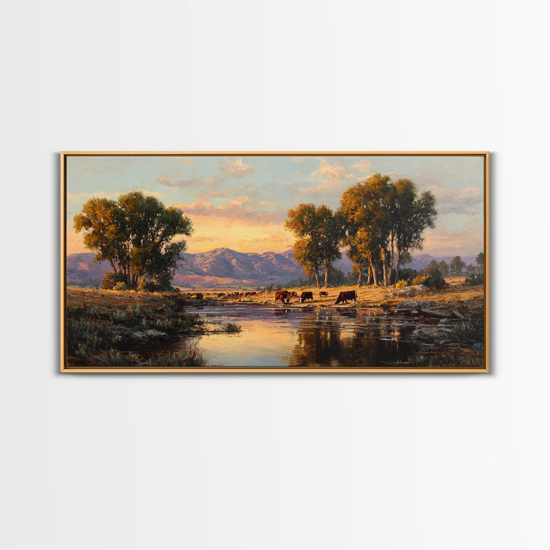 Warm Sunset Over Mountains Large Landscape Wall Art Framed Canvas Print Rustic Nature Home Decor