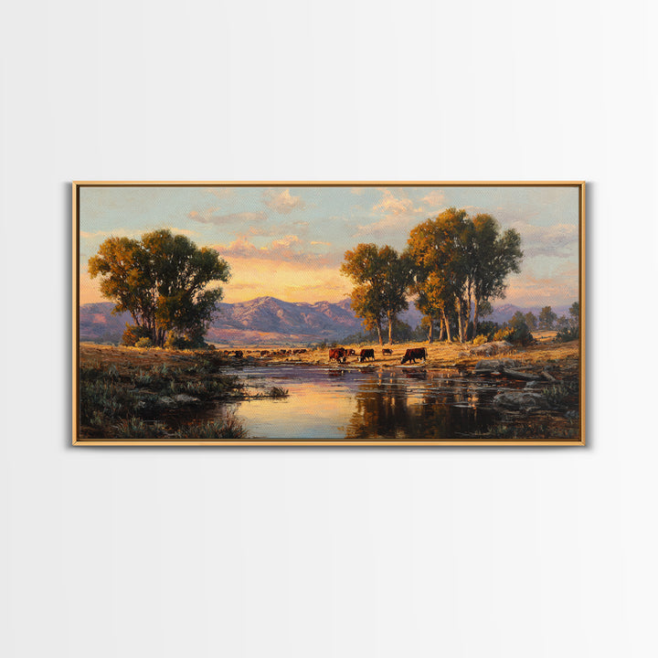 Warm Sunset Over Mountains Large Landscape Wall Art Framed Canvas Print Rustic Nature Home Decor