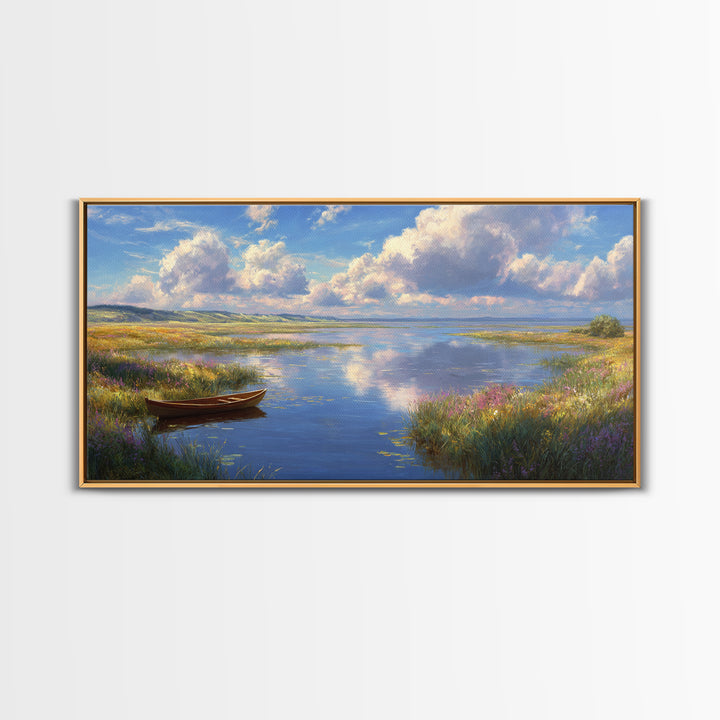 Tranquil Lake Landscape With A Wooden Rowboat in Soft Light Wall Art Framed Canvas Print for Living Room Decor and Home