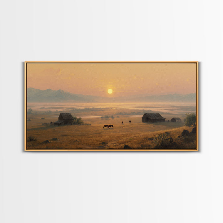Golden Hour Peaceful Ranch Landscape With Horses Wall Art Framed Canvas Print Rustic Western Decor Original Landscape Home Decor