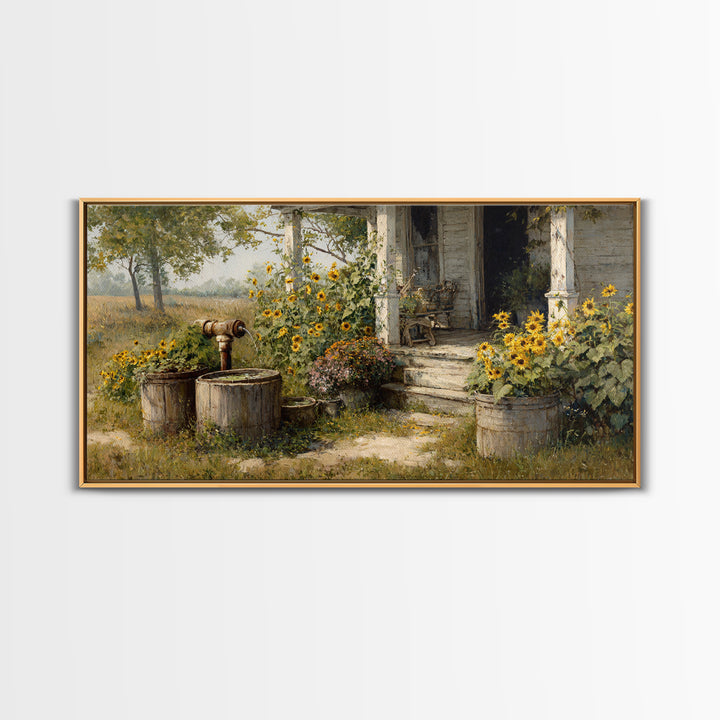 Charming Rustic Farmhouse Sunflower And Well Painting Warm Country Wall Art For Cozy Home Kitchen Decor Canvas Print