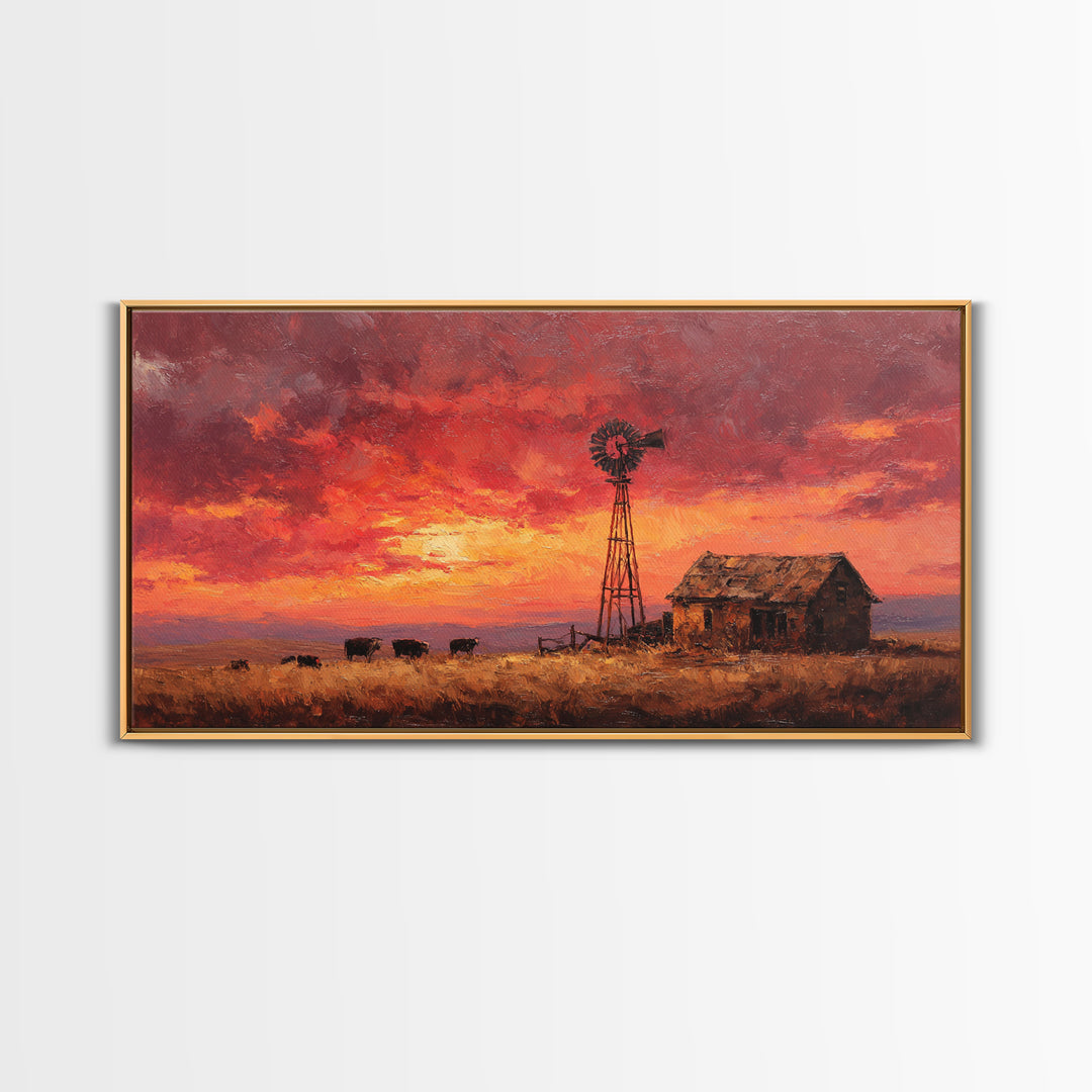 Rustic Western Landscape With Windmill And Cows At Glowing Sunset Framed Canvas Print For Farmhouse Decor