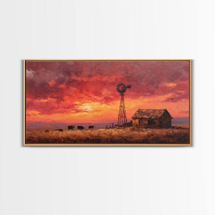 Rustic Western Landscape With Windmill And Cows At Glowing Sunset Framed Canvas Print For Farmhouse Decor