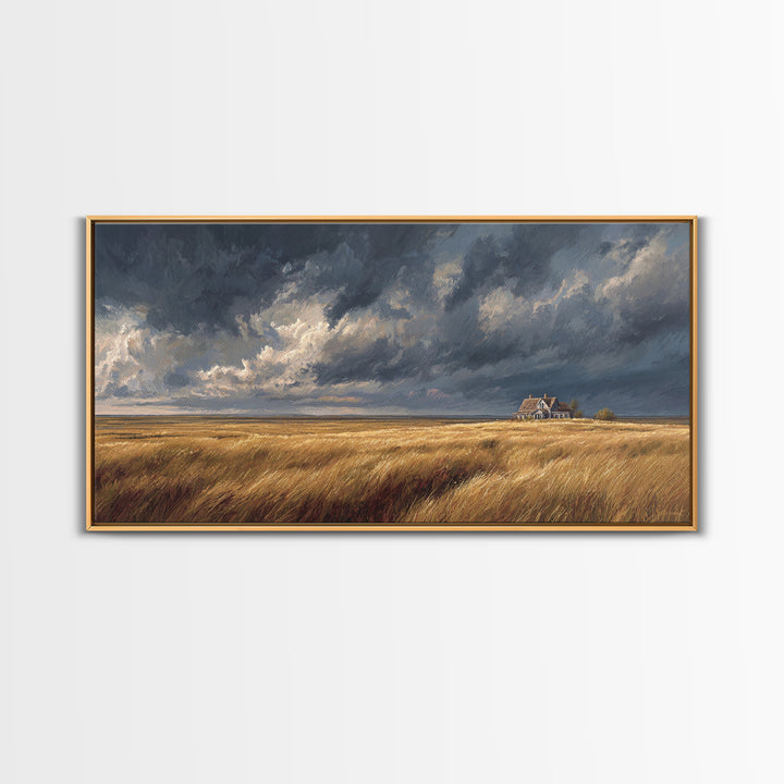 Golden Wheat Field With Rustic House Under Dramatic Sky Landscape Painting Canvas Print For Living Room Decor