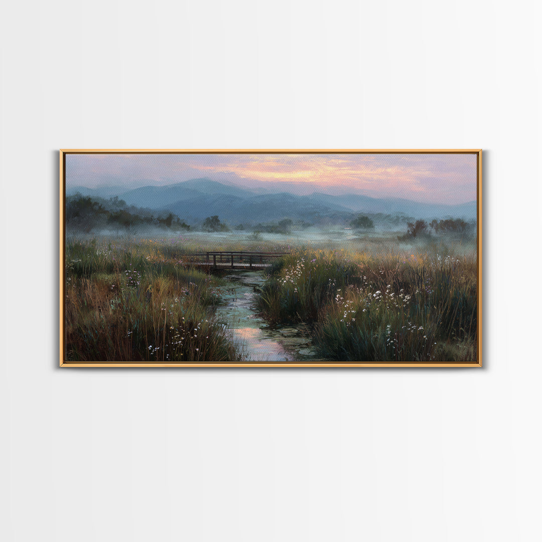 Tranquil Early Morning Meadow Landscape Oil Painting With Bridge Nature Wall Art For Rustic Home Decor Canvas Print