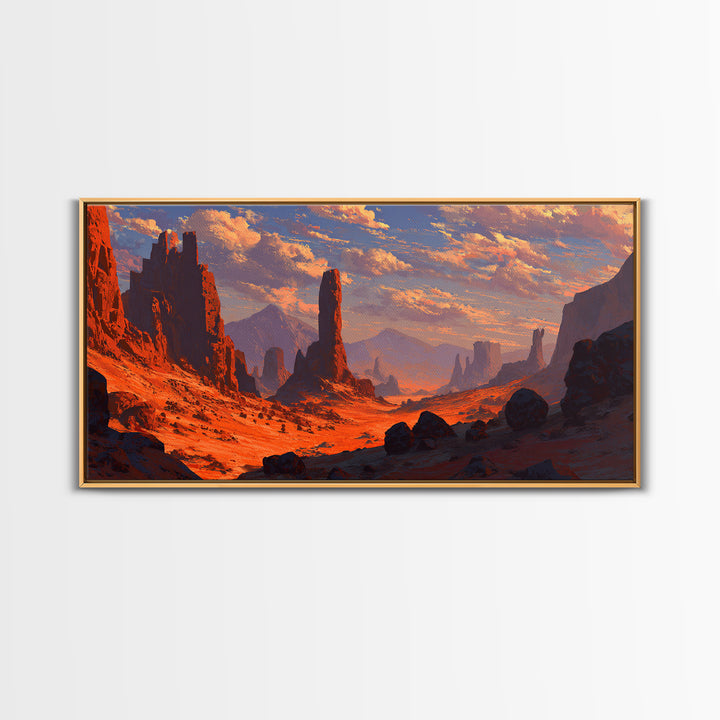 Dramatic Desert Landscape With Rocky Formations And Warm Sunset Sky Fine Art Wall Art Framed Canvas Print