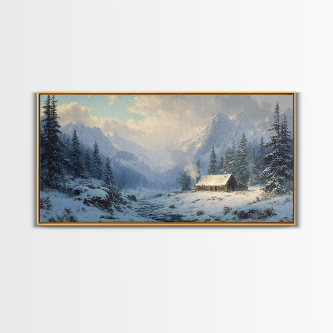 Classic Winter Cabin In Snowy Mountain Landscape Wall Art Framed Canvas Print Rustc Lodge Decor Cabin Wall Art Gift For Men