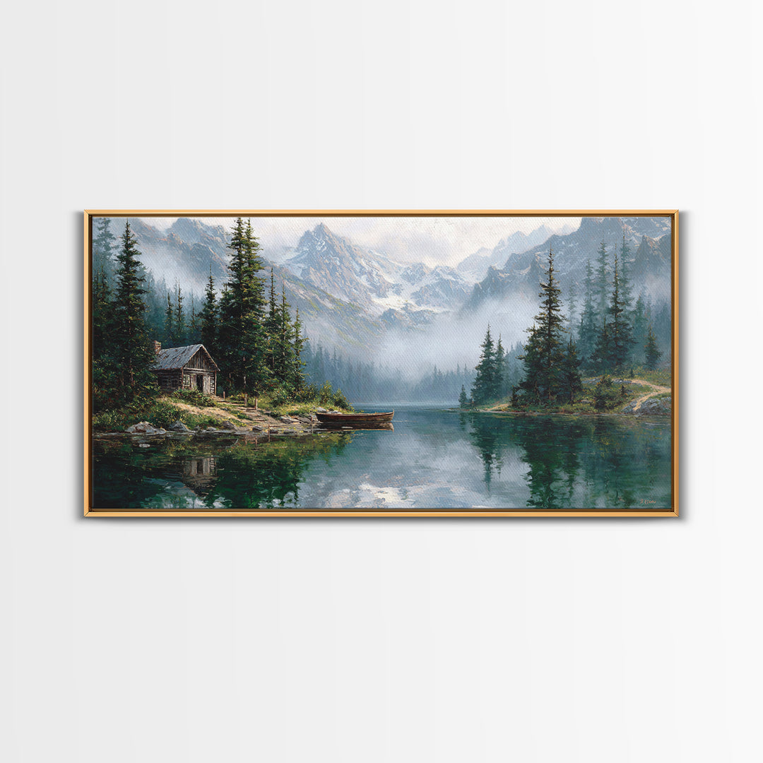Serene Lake And Mountain Landscape Painting Canvas Print Large Wall Art Rustic Home Decor Nature Wall Art Framed Canvas Print