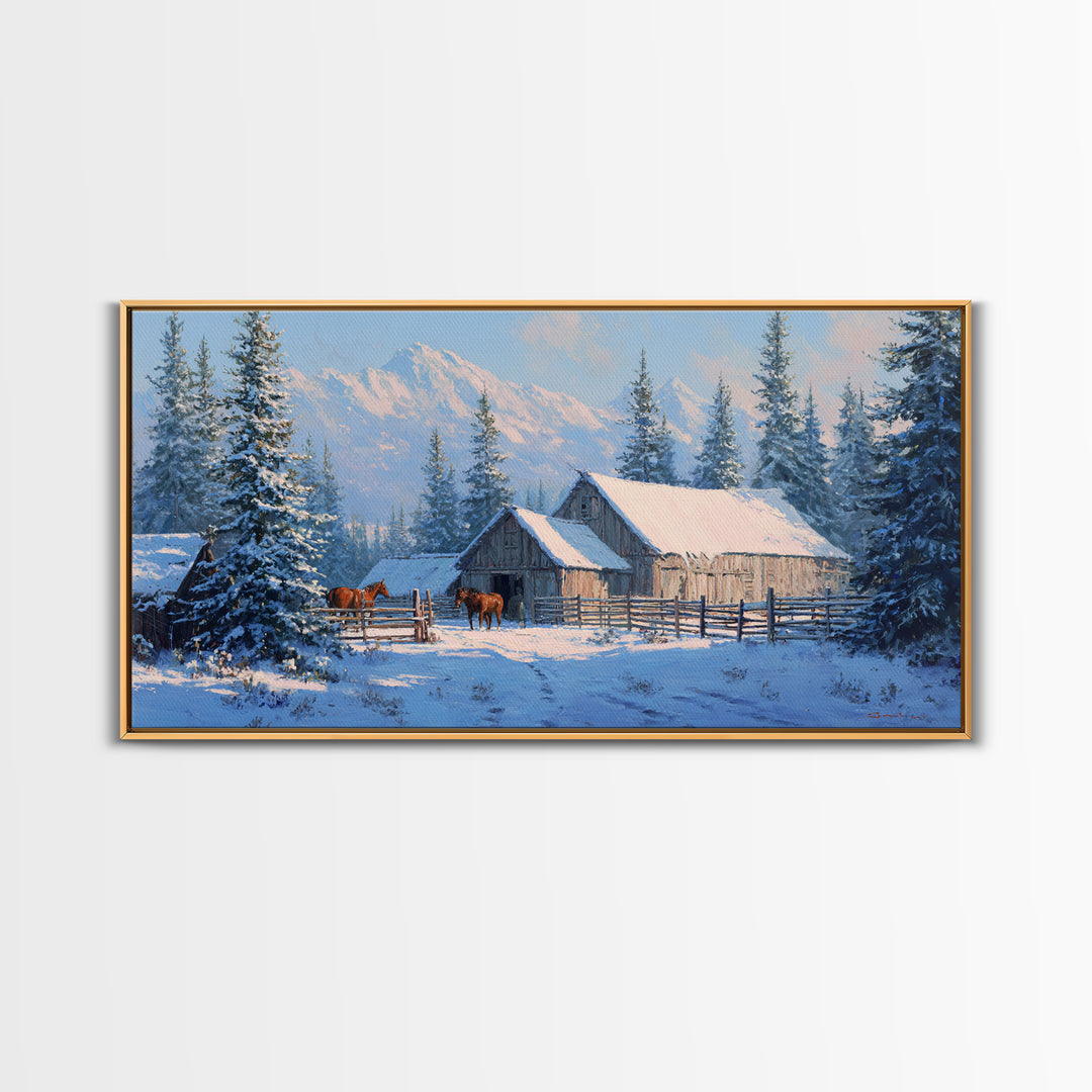 Charming Snowy Barn Winter Landscape Oil Painting Wall Art Framed Canvas Print Rustic Home Decor Cabin Living Room Art Print