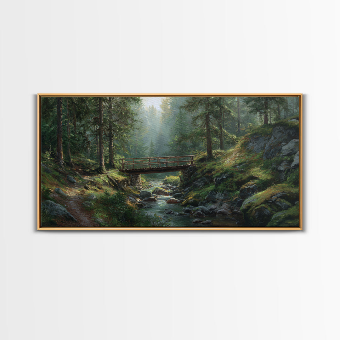 Peaceful Forest Stream Scenic Landscape Painting Large Wall Art Framed Canvas Print Rustic Nature Wall Decor For Living Room Bedroom