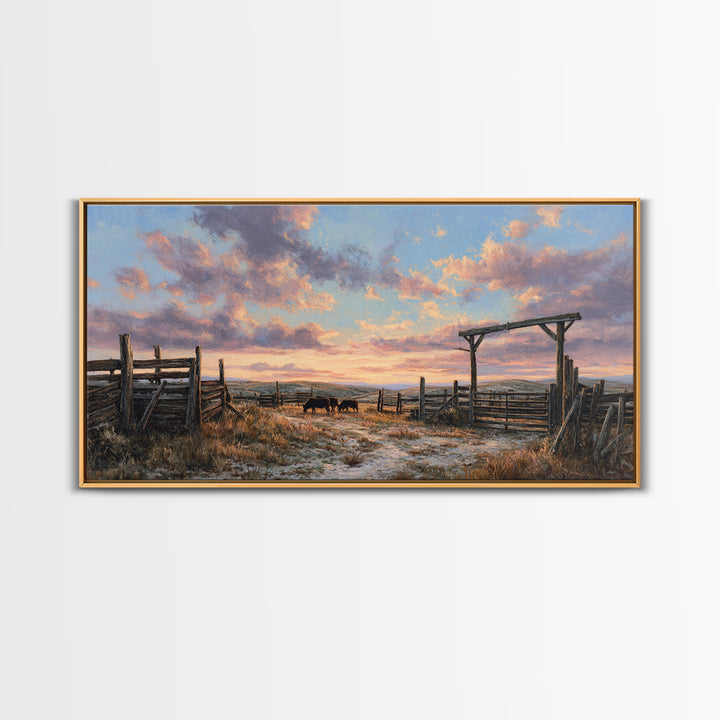 Rustic Western Ranch Sunset Landscape Painting Of Horses Grazing At Dusk Framed Canvas Print For Modern Wall Art And Home Decor