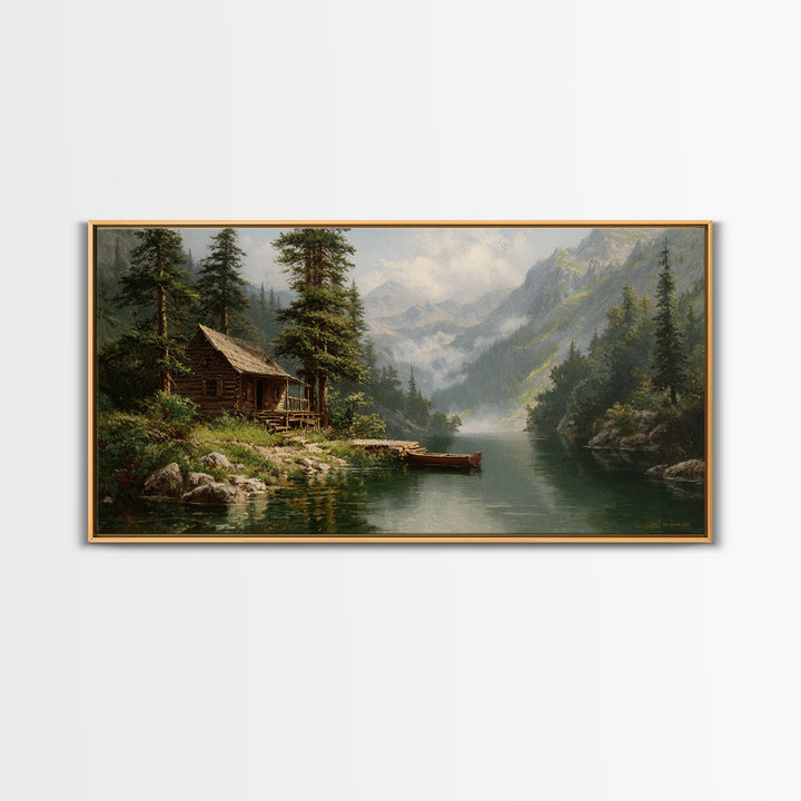 Peaceful Riverside Cabin Landscape Painting Wall Art Framed Canvas Print Rustic Home Decor Large Art Print