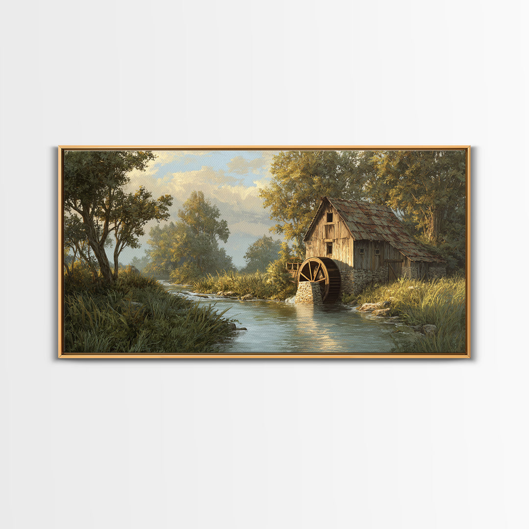 Rustic Watermill On River Landscape Oil Painting Canvas Print Wall Art For Cozy Farmhouse Home Decor