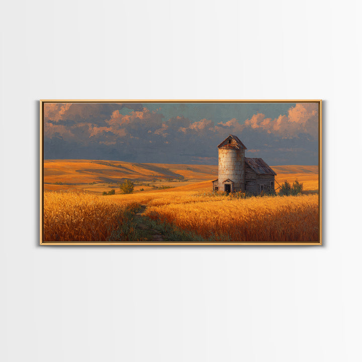Rustic Barn In Golden Wheat Field Landscape Painting Beautiful Country Scene Wall Art Framed Canvas Print For Farmhouse Decor