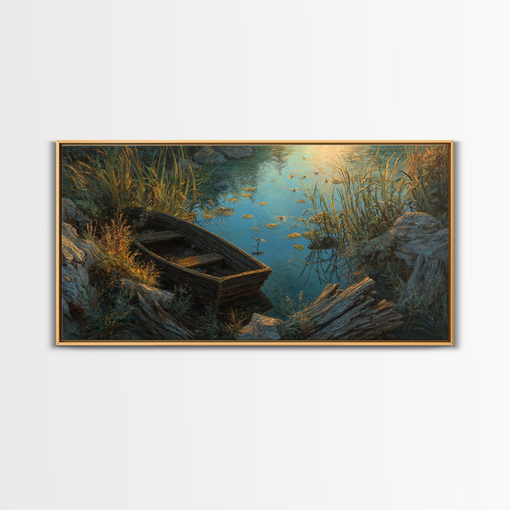 Rustic Oil Painting Capturing Quiet Lakeside With Old Wooden Boat Among Calm Water And Rocks Serene Nature Wall Art For Home Decor Framed Canvas Print