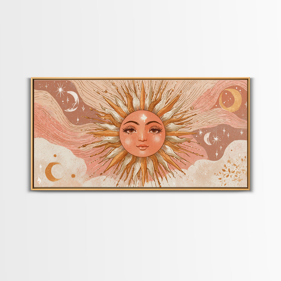 Boho Sun Face Wall Art, Celestial Moon And Stars Illustration, Terracotta Mystical Decor, Whimsical Nursery Art Print Gift