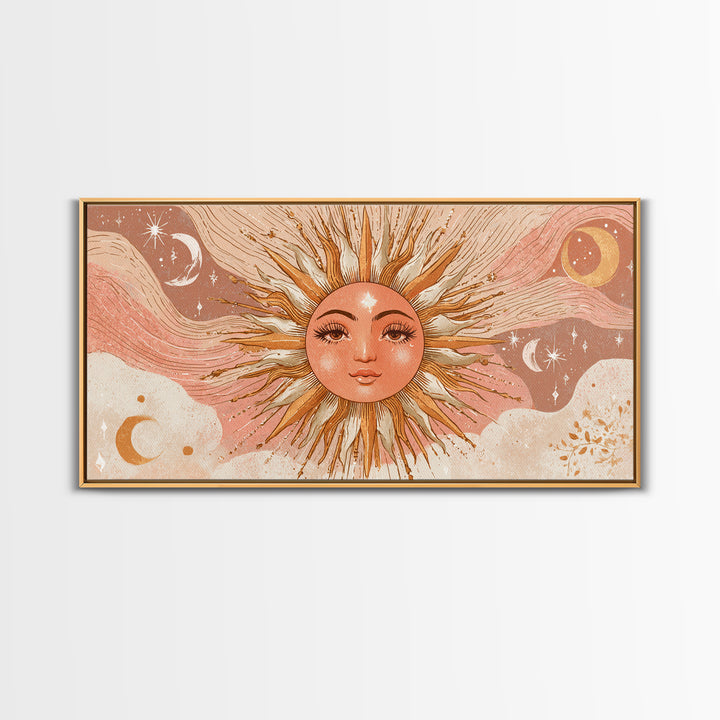 Boho Sun Face Wall Art, Celestial Moon And Stars Illustration, Terracotta Mystical Decor, Whimsical Nursery Art Print Gift