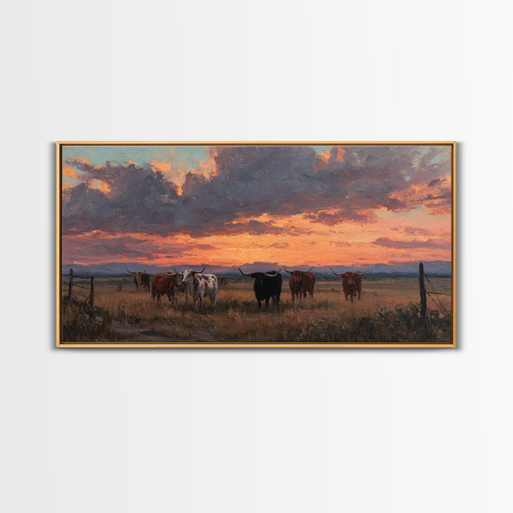 Dramatic Sunset Over Cattle Ranch With Vibrant Sky And Silhouetted Herd Canvas Print Large Wall Art For Rustic Decor