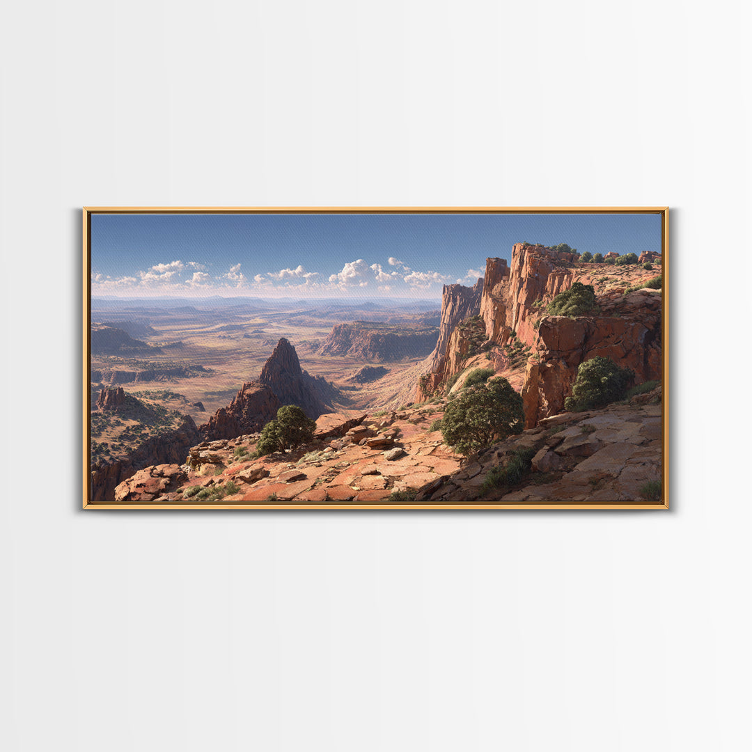 Stunning Desert Canyon Landscape Wall Art With Rocky Cliffs And Expansive View Framed Canvas Print For Home Decor