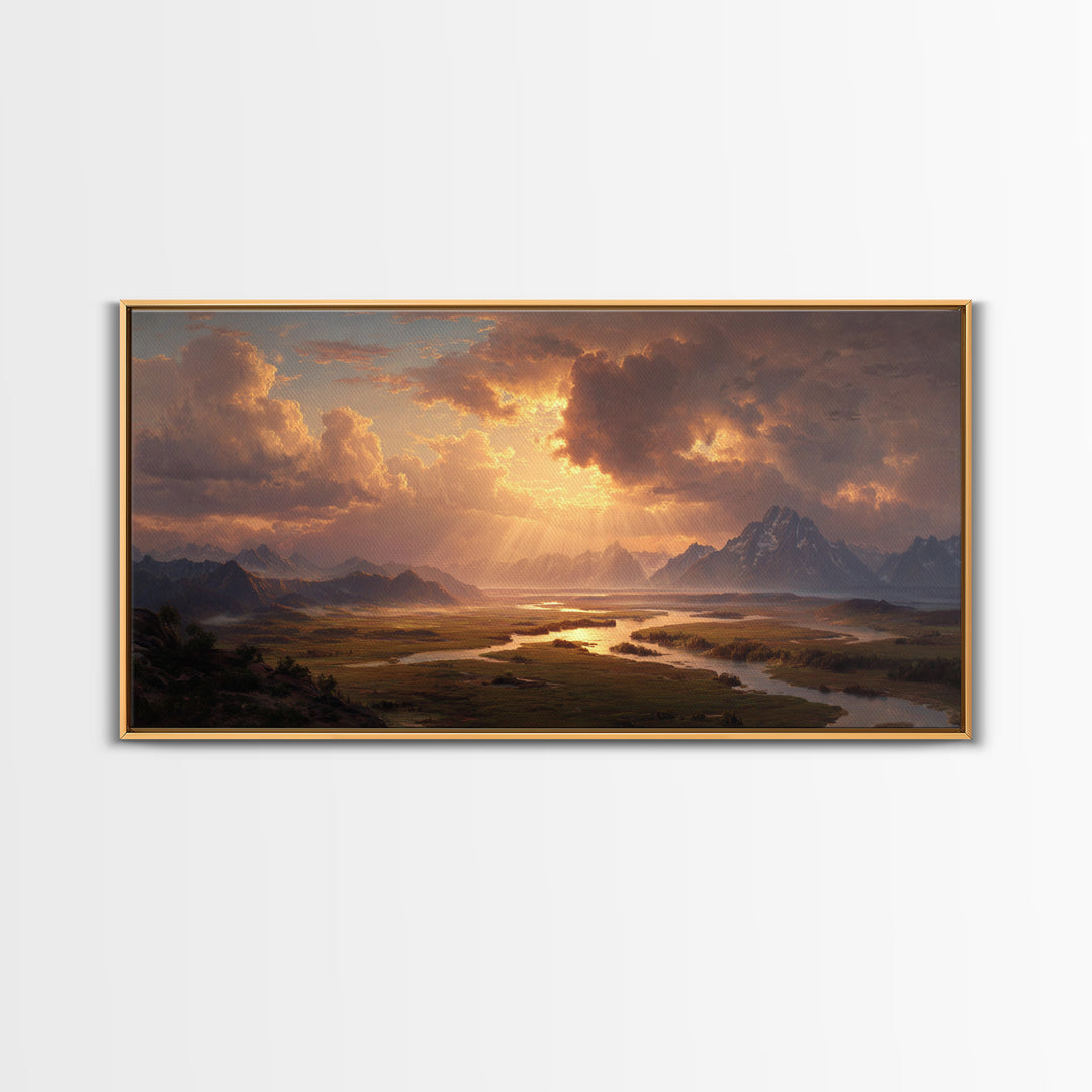 Sunset Mountain River Landscape Wall Art With Warm Golden Light Rays Illuminating Nature For Rustic Home Decor And Large Canvas Print