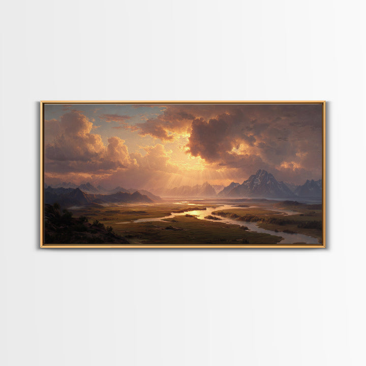 Sunset Mountain River Landscape Wall Art With Warm Golden Light Rays Illuminating Nature For Rustic Home Decor And Large Canvas Print