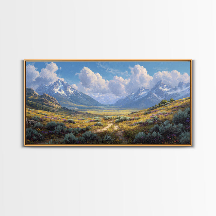 Stunning Realistic Mountain Landscape Painting Canvas Print Featuring Wildflowers And Blue Sky Large Wall Art For Living Room Decor