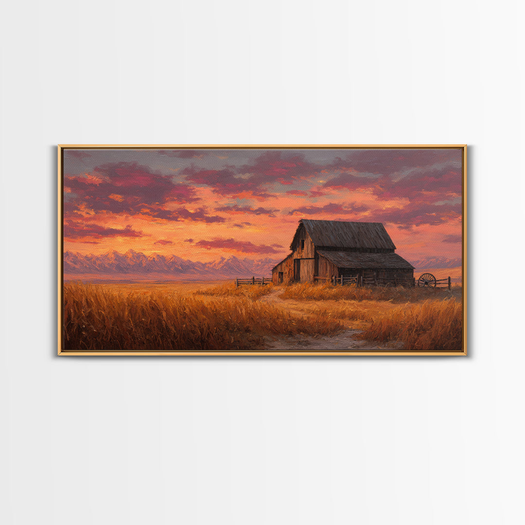 Rustic Old Wooden Barn With Wheat Field Landscape Rustic Wall Art Painted Canvas Print Farmhouse Decor Framed Wall Art