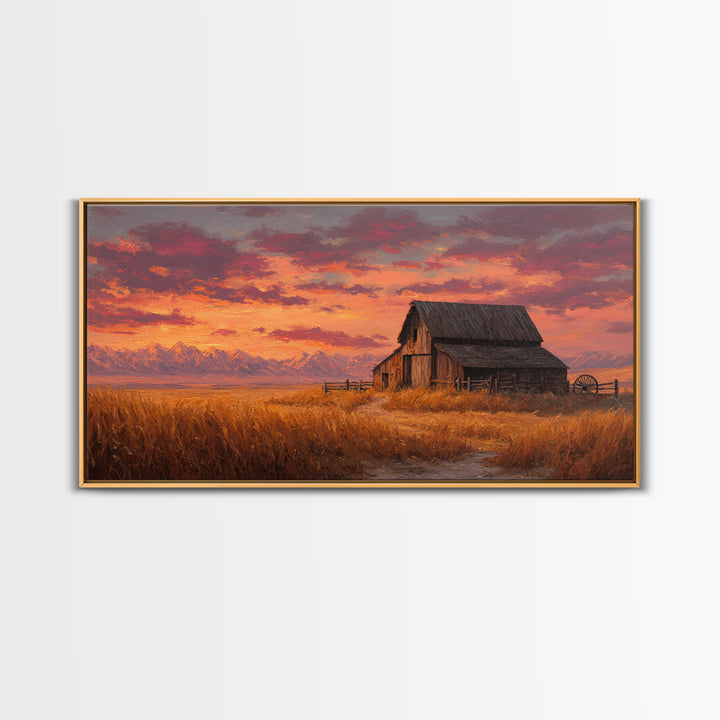 Rustic Old Wooden Barn With Wheat Field Landscape Rustic Wall Art Painted Canvas Print Farmhouse Decor Framed Wall Art