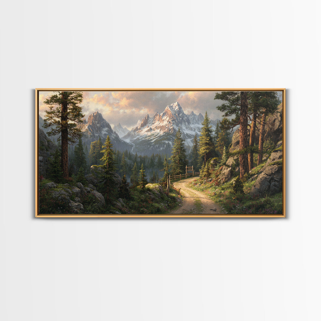 Majestic Mountain Path With Lush Pine Trees Wall Art Framed Canvas Print Landscape Painting For Rustic Home Decor Cabin Art