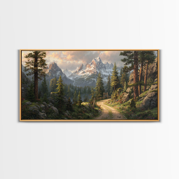 Majestic Mountain Path With Lush Pine Trees Wall Art Framed Canvas Print Landscape Painting For Rustic Home Decor Cabin Art