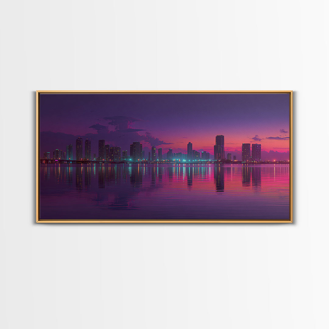 City Skyline At Dusk Stunning Sunset Colors Reflecting On Water Large Wall Art Framed Canvas Print Home Decor