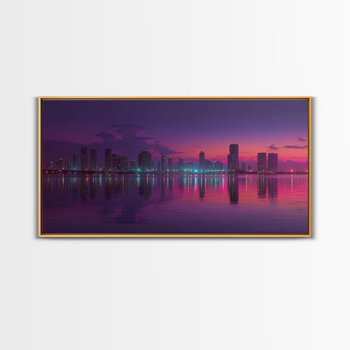 City Skyline At Dusk Stunning Sunset Colors Reflecting On Water Large Wall Art Framed Canvas Print Home Decor