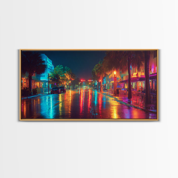 Colorful Night City Street With Neon Lights And Reflections On Wet Pavement Modern Wall Art Print Canvas