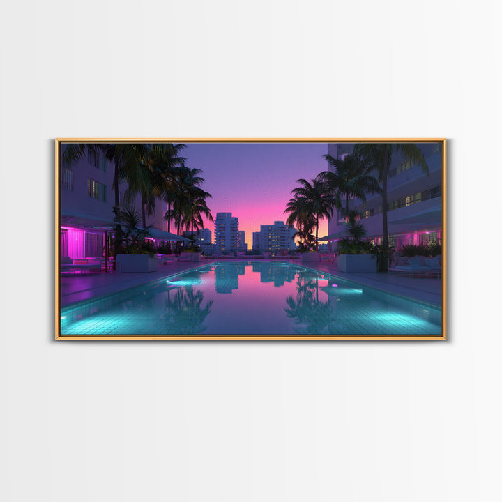 Luxury Modern Miami City Pool Sunset Palm Trees Reflected In Water For Chic Living Room Decor Framed Canvas Print