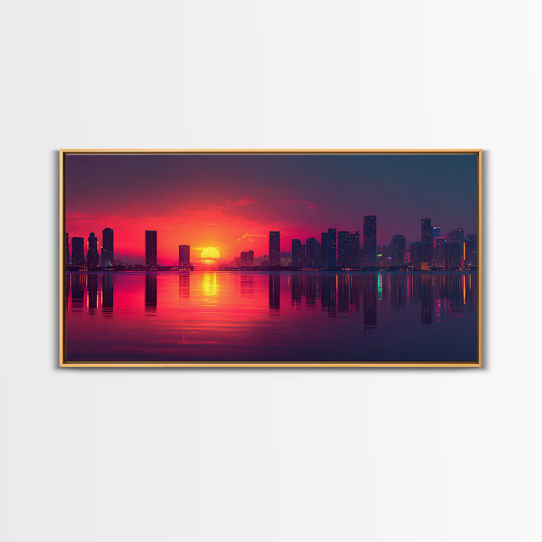 Vibrant Sunset Over City Skyline Reflected On Water Contemporary Wall Art For Living Room Decor Framed Canvas Print With Modern Home Decor Appeal