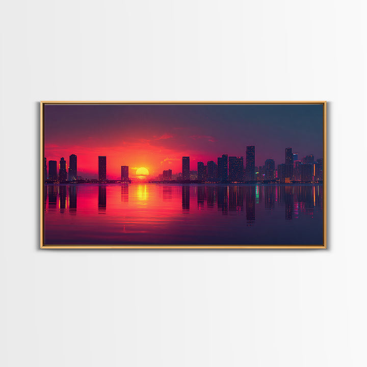 Vibrant Sunset Over City Skyline Reflected On Water Contemporary Wall Art For Living Room Decor Framed Canvas Print With Modern Home Decor Appeal