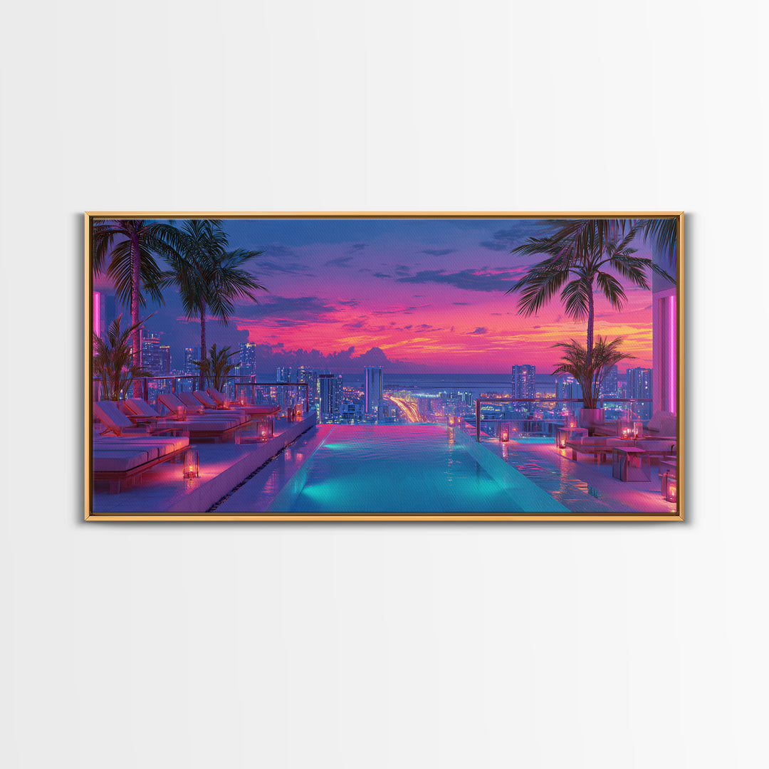 Vibrant Sunset Rooftop Pool Scene With Palm Trees And Cityscape Background Wall Art For Home Decor Framed Canvas Print