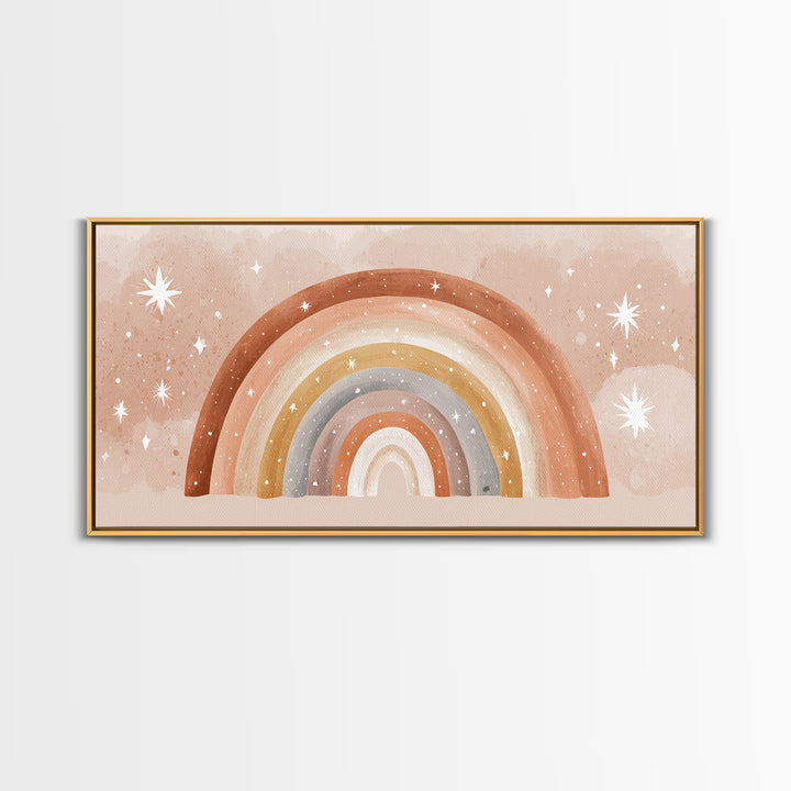 Starry Watercolor Rainbow Wall Art, Pastel Nursery Decor, Kids Room Wall Art, Boho Prints, Baby Shower Gift, Framed Canvas Print