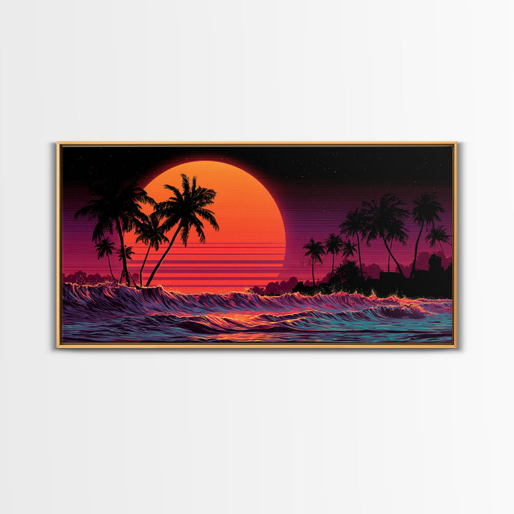 Retro Sunset Palm Trees Digital Art Canvas Print Wall Art Living Room Decor Tropical Beach Scene Large Framed Canvas Print Home Decor