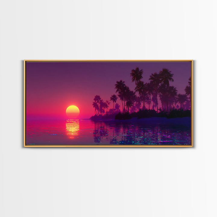 Tropical Sunset Beach Scene With Palm Trees Framed Canvas Print, Vibrant Coastal Wall Art For Living Room And Tropical Home Decor