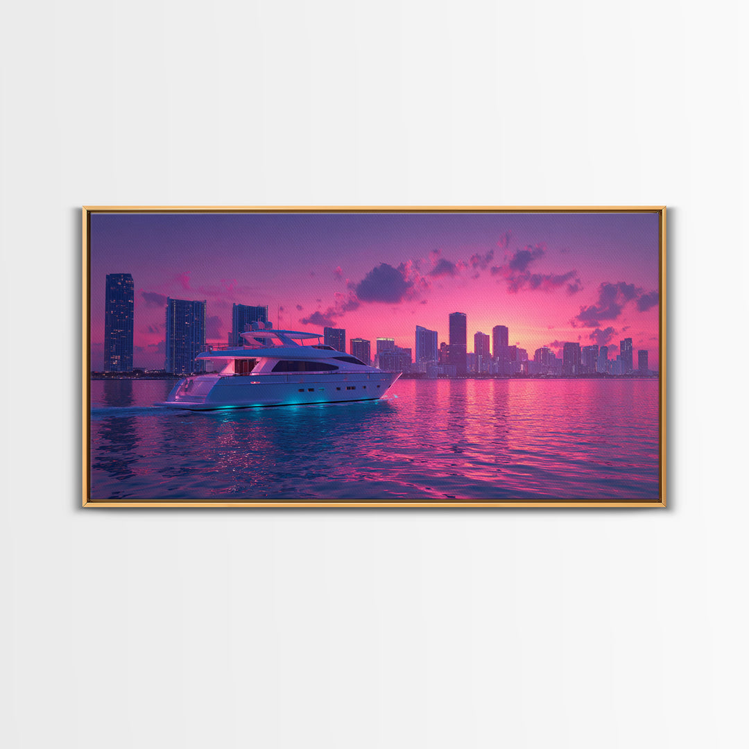 Luxury Yacht Sailing At Vibrant Pink Sunset Skyline With Modern Cityscape Featured As Wall Art For Home Decor