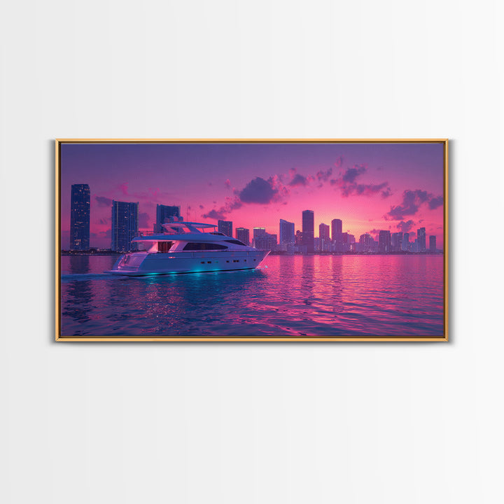 Luxury Yacht Sailing At Vibrant Pink Sunset Skyline With Modern Cityscape Featured As Wall Art For Home Decor
